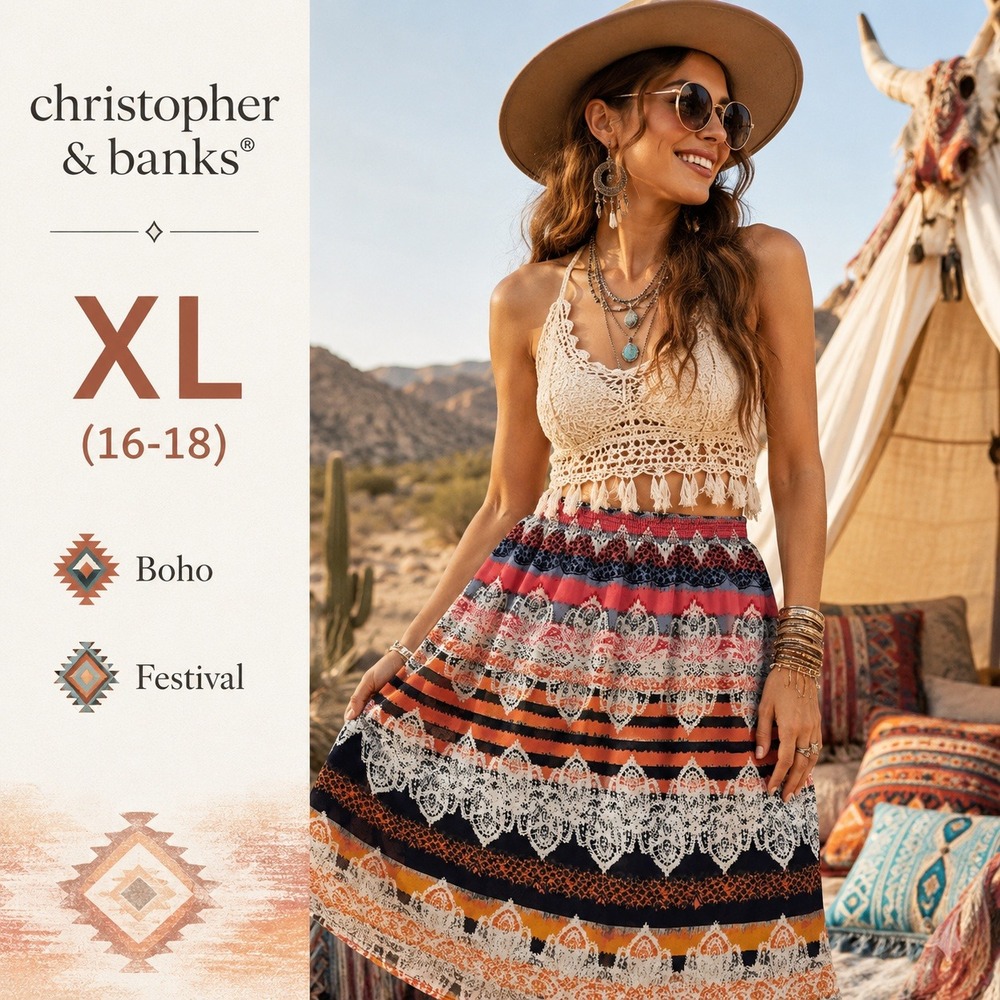 Christopher & Banks Skirt Women‎ XL Multicolor Border Print Flowy Boho 1333